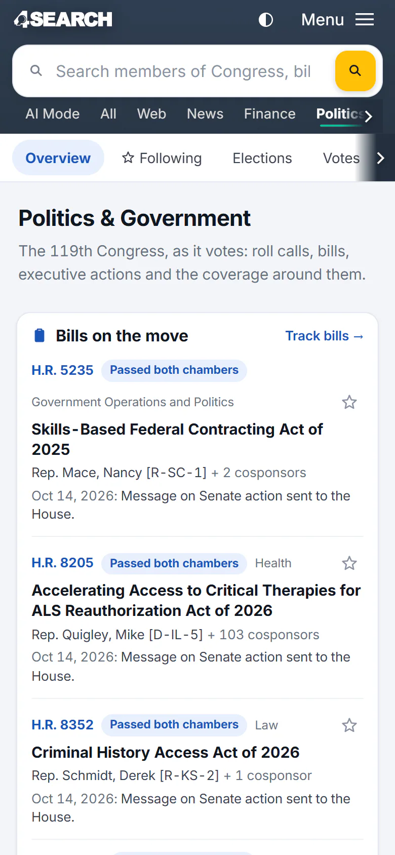 The Politics overview page on a phone: the search box, the Politics sections as a row that slides sideways, and the first card of bills