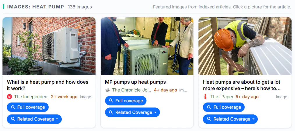 The Images tab: a heading with the number of images found and a row of picture cards, each with a headline, source, age, and Full coverage and Related Coverage buttons