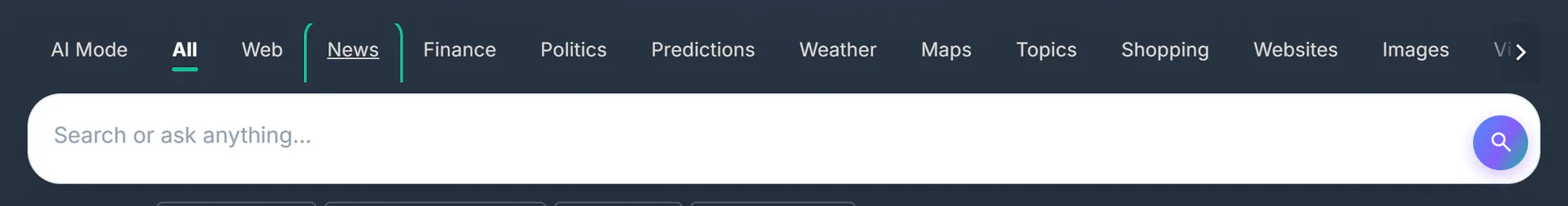 The News tab with a teal outline showing keyboard focus, and the search box that Tab moves to next